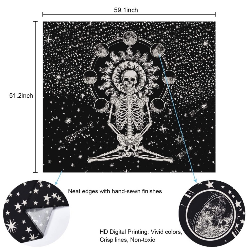 Boho Meditating Skeleton Sun/Moon Phase Tapestry - Picture 5 of 7